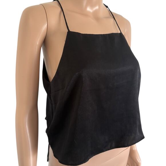 Black Satin Cami Top M Open Back Y2K Style Spaghetti Strap Minimal Chic NWT - Picture 4 of 7